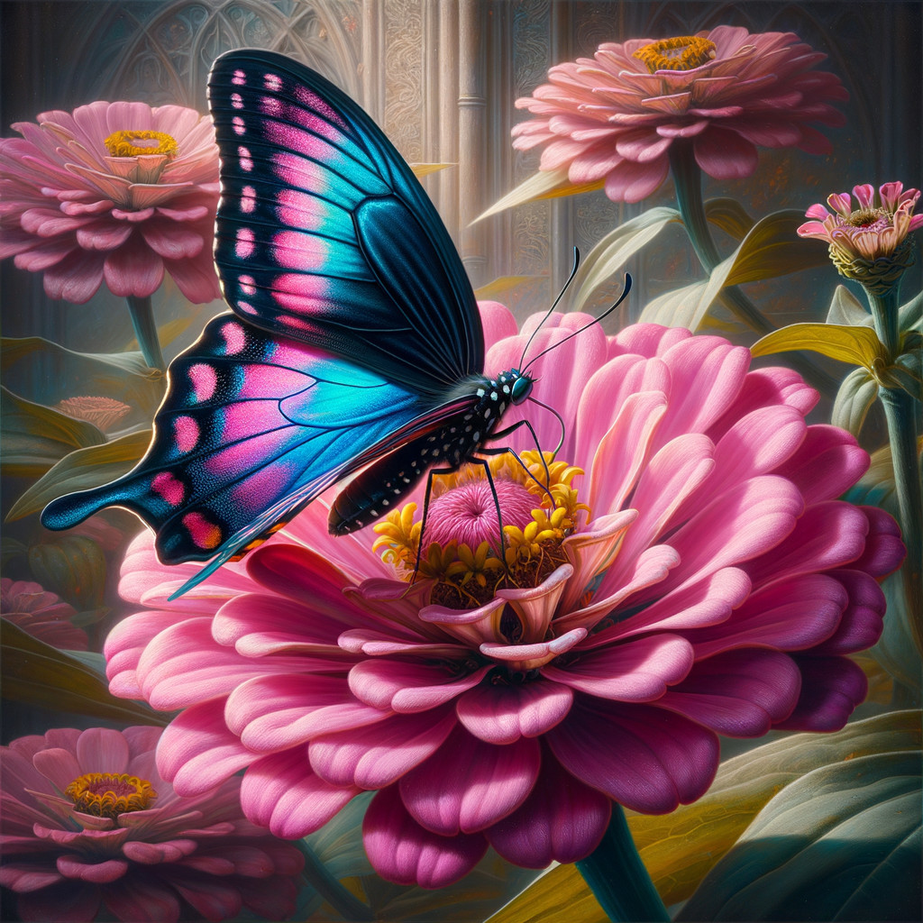 Colorful Butterfly on Blooming Pink Flower in Garden