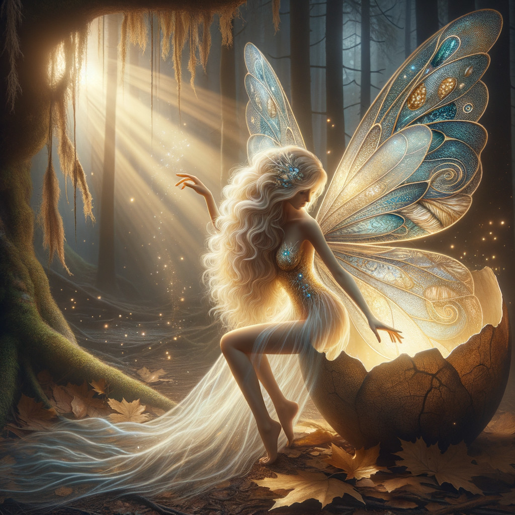 Luminous Fairy Emerges from Glowing Egg in Forest