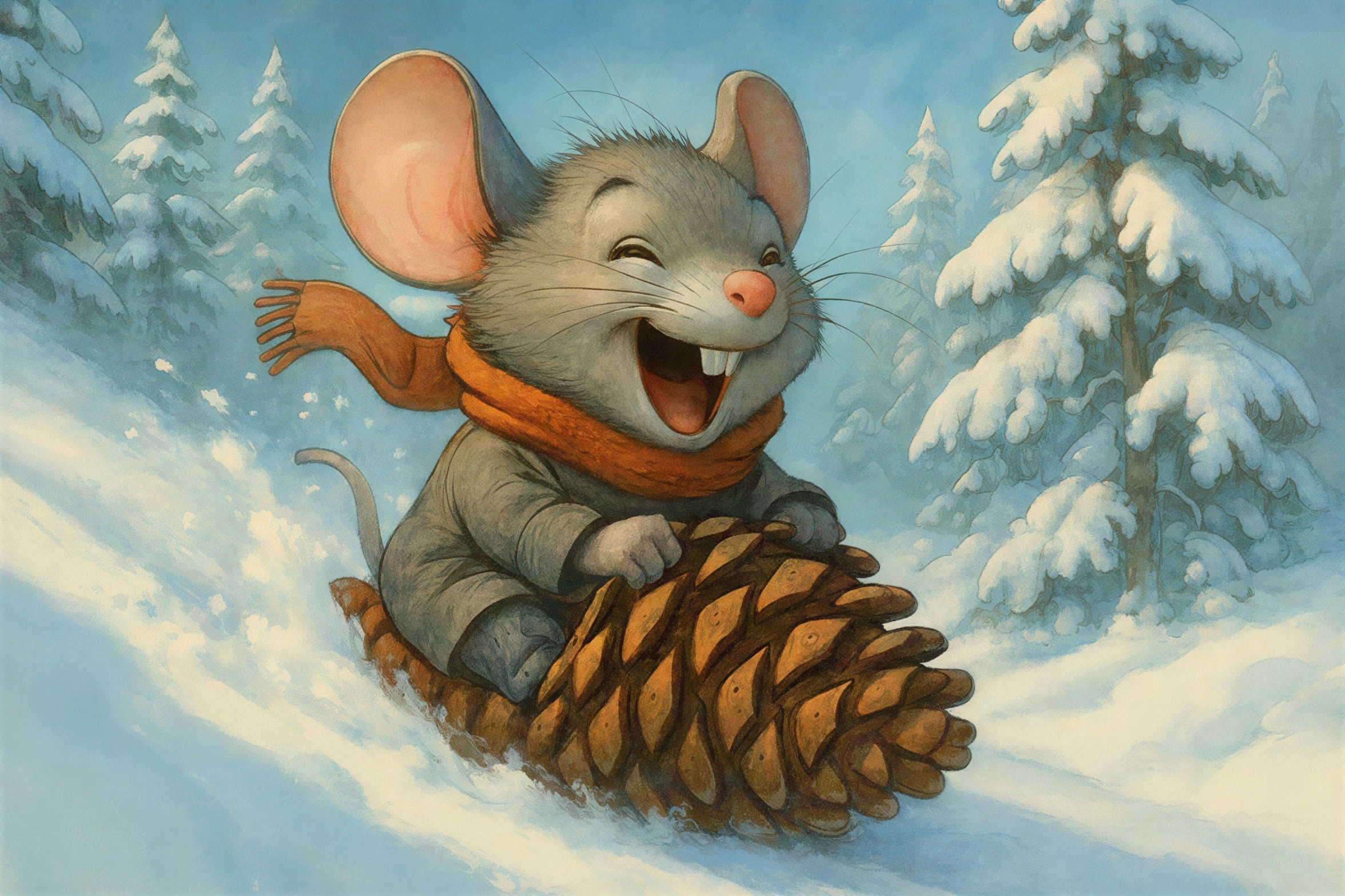 Animated Mouse Sliding Down Snowy Hill on Pinecone