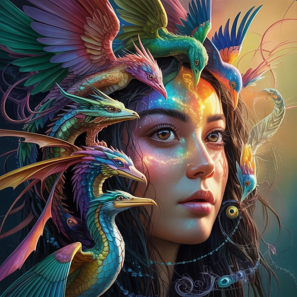 Portrait of a young woman with vibrant birds in hair