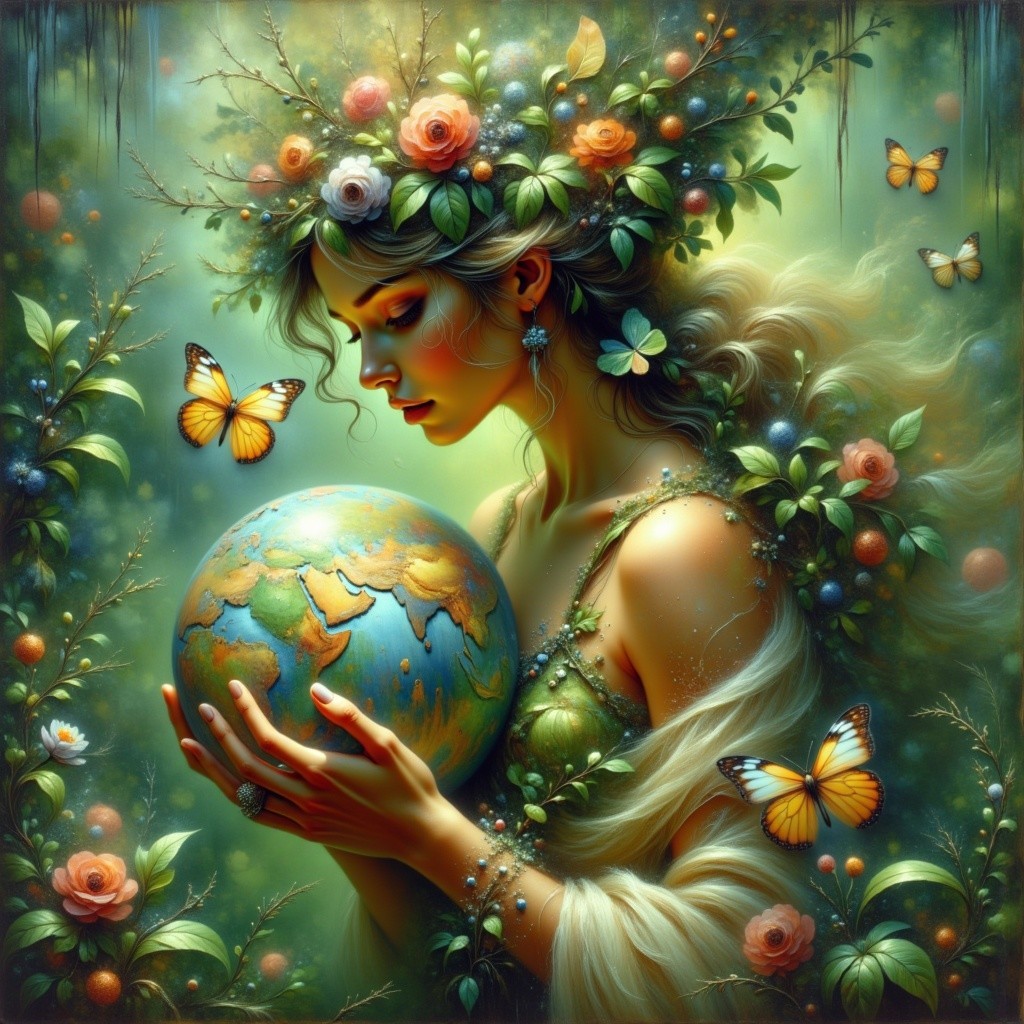 Serene Woman with Floral Accents and Globe in Nature