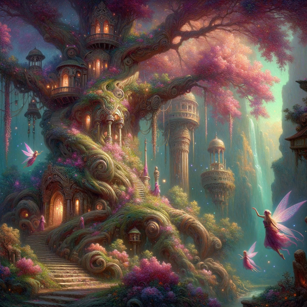 Whimsical Fairytale Landscape with Grand Tree and Towers