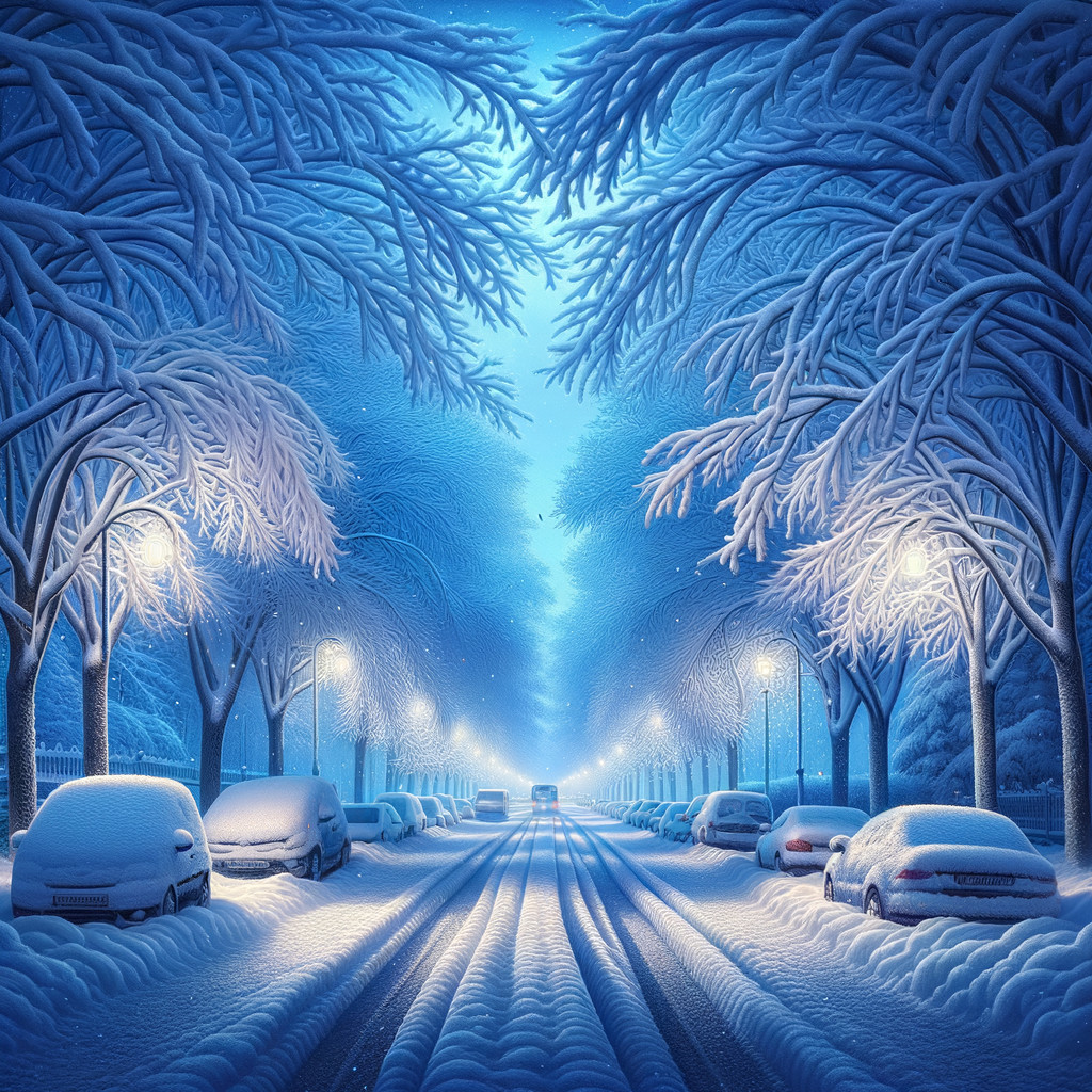 Serene Winter Scene with Snow-Covered Street and Trees