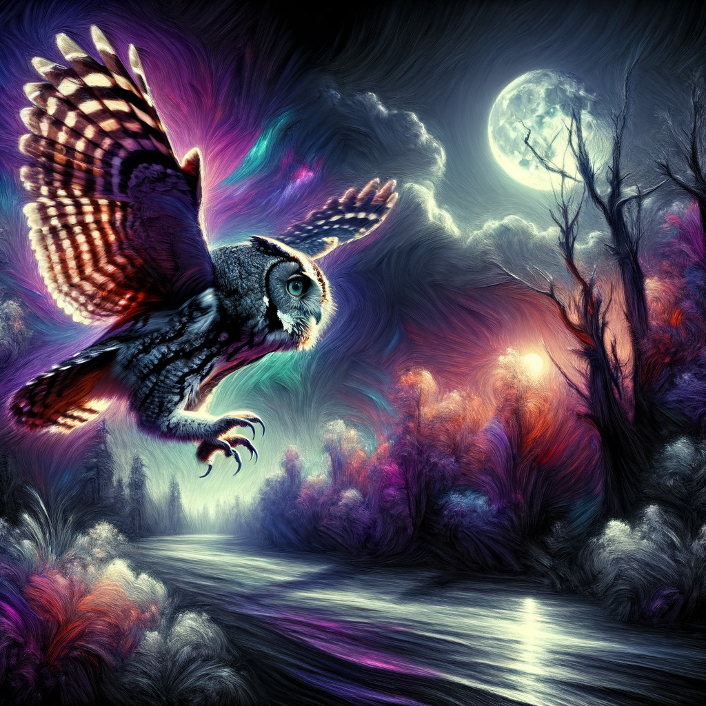 Majestic owl in a colorful surreal night landscape