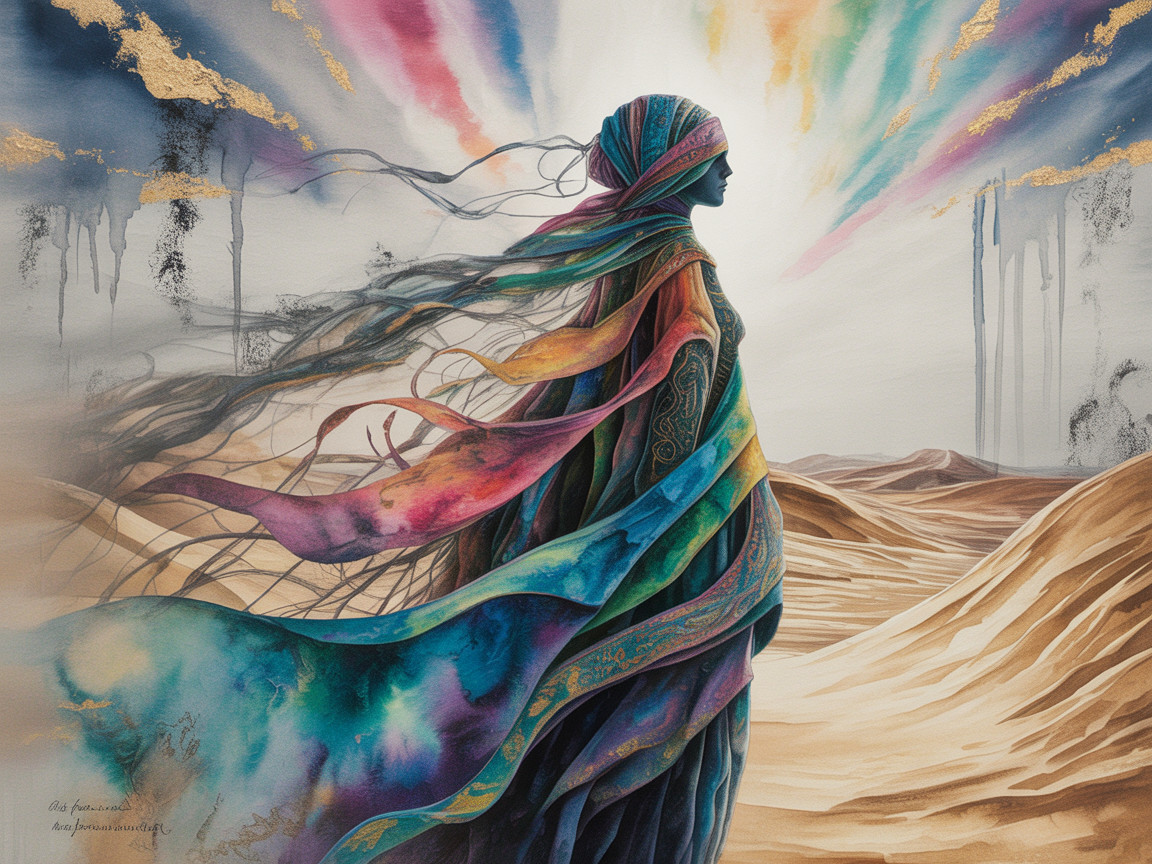 Silhouette of a woman in vibrant flowing fabrics