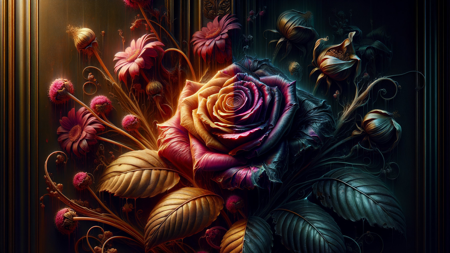 Rose with Purple and Gold Petals on Dark Background