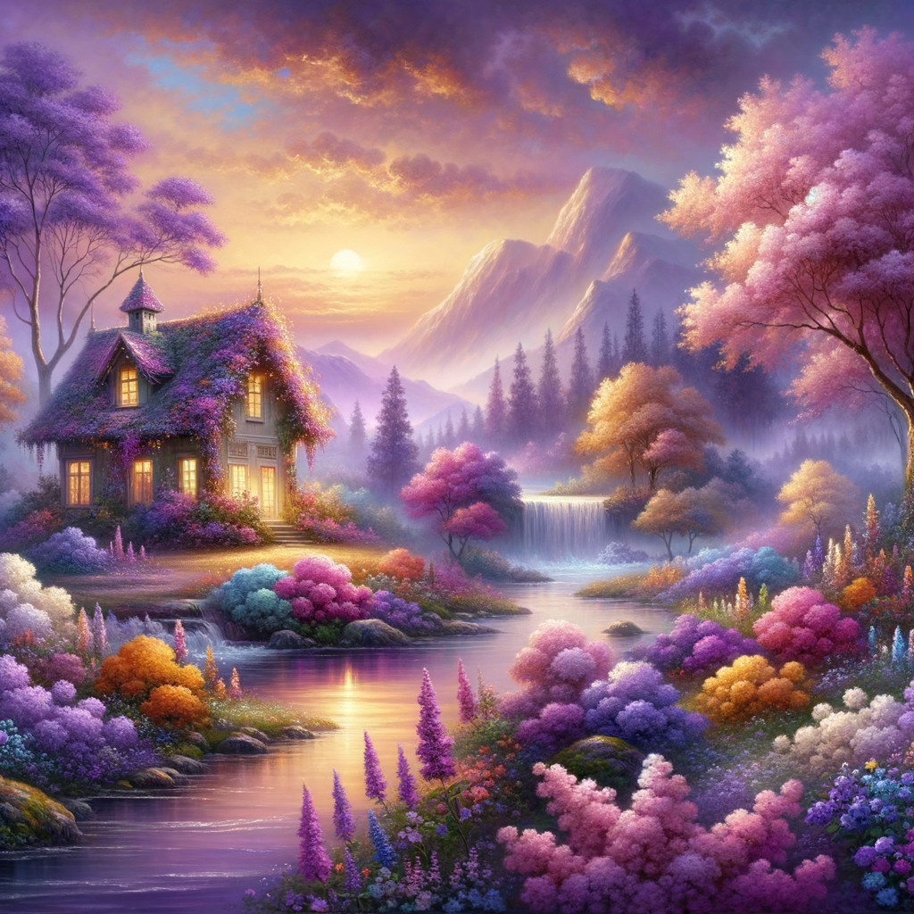 Charming House by River in Serene Landscape at Sunset