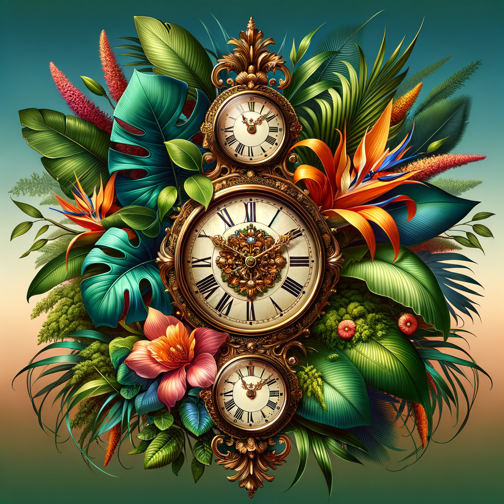 Vintage clock amidst tropical foliage and flowers