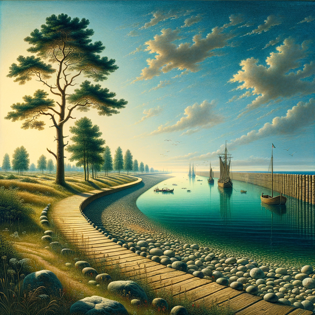 Serene Waterside Scene with Wooden Path and Lake