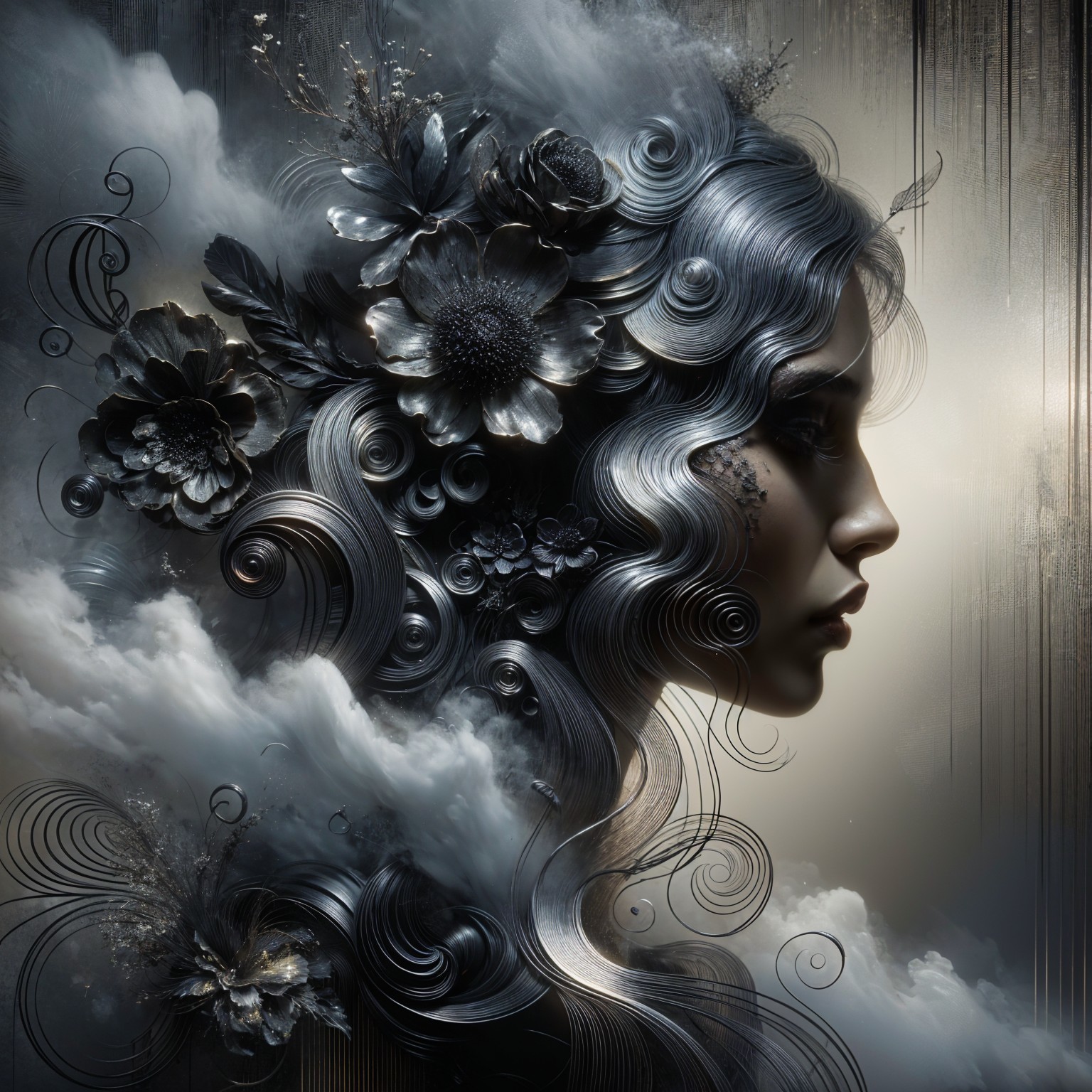 Surreal Portrait of Woman with Floral and Cloud Elements