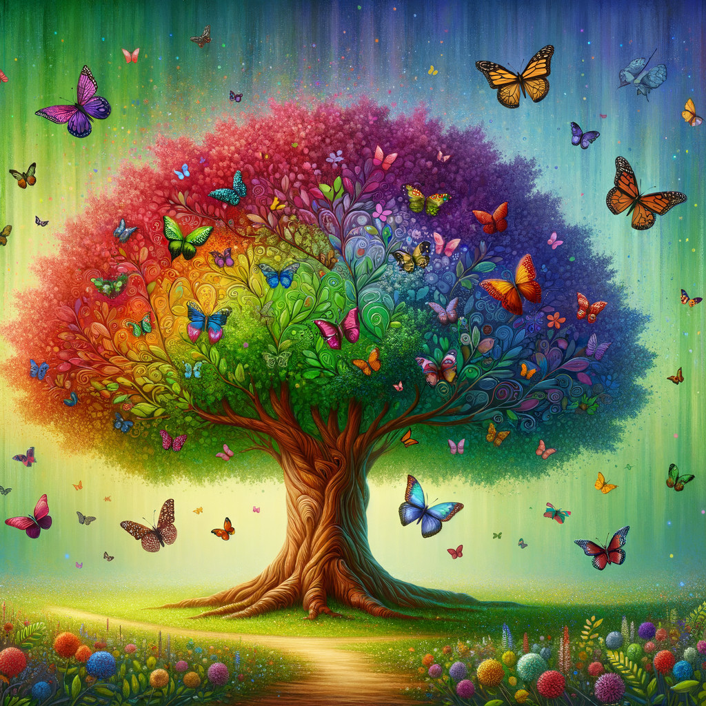 Vibrant Tree with Colorful Butterflies and Flowers