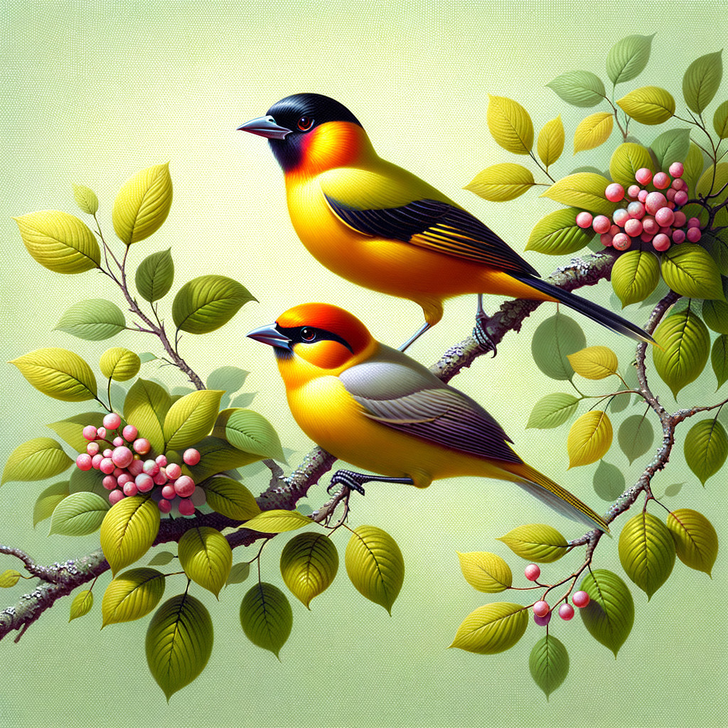 Vibrant Birds on Branch with Green Leaves and Berries