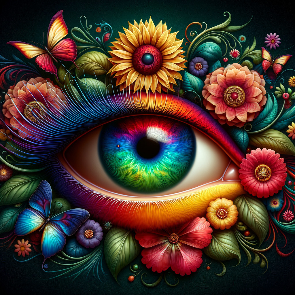 Vivid Eye Surrounded by Colorful Butterflies and Flowers