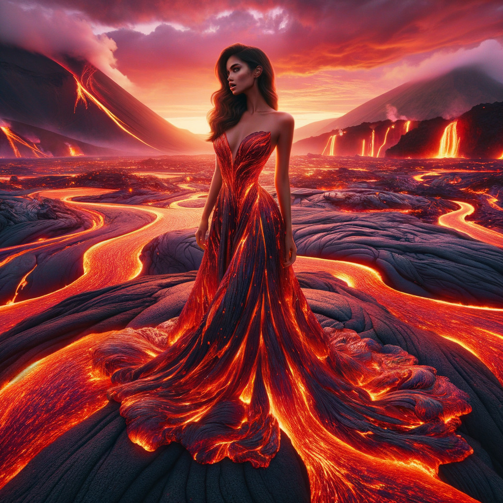 Woman in gown amid volcanic landscape at sunset