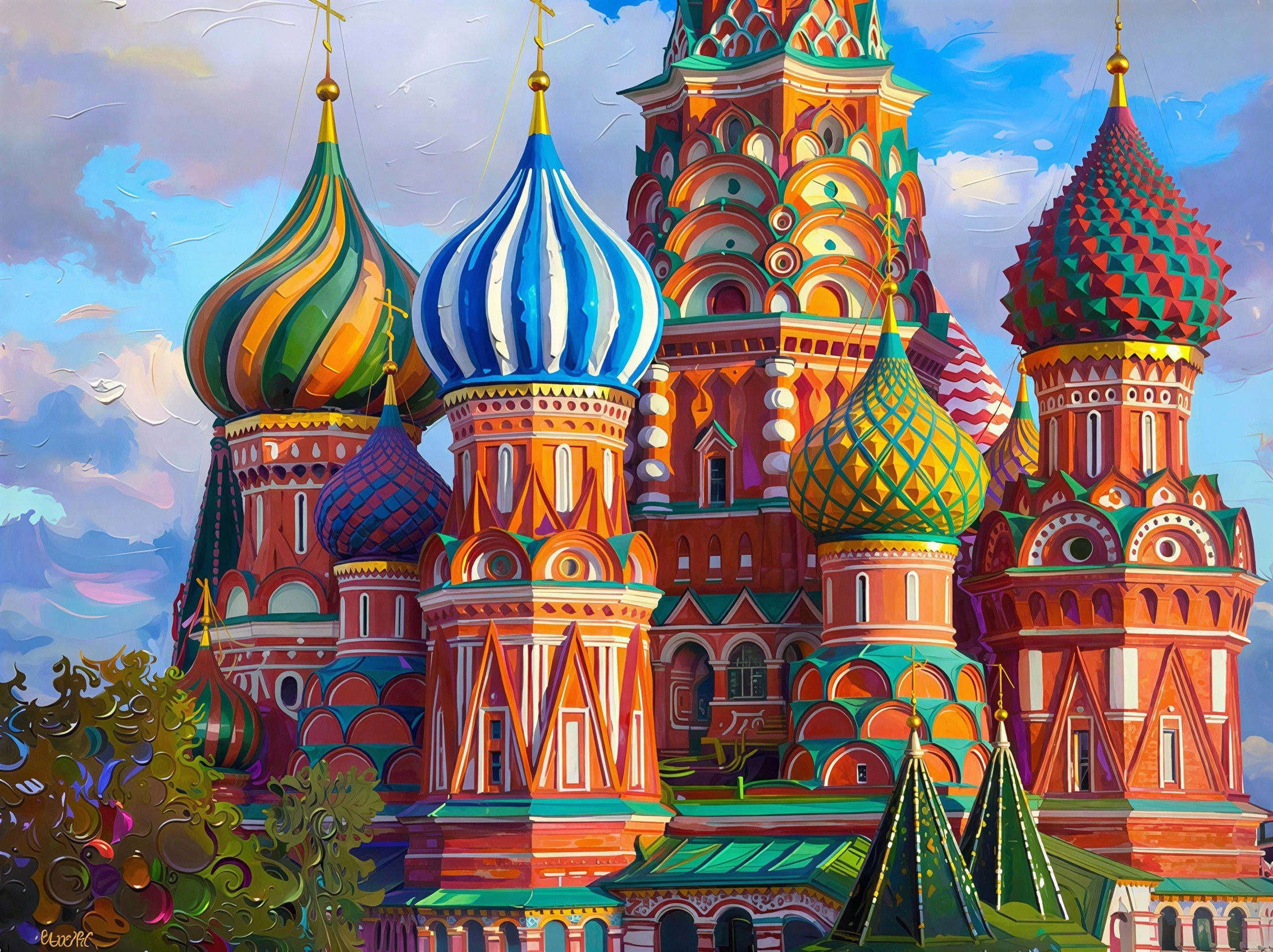 Vibrant Oil Painting of St. Basil's Cathedral Architecture