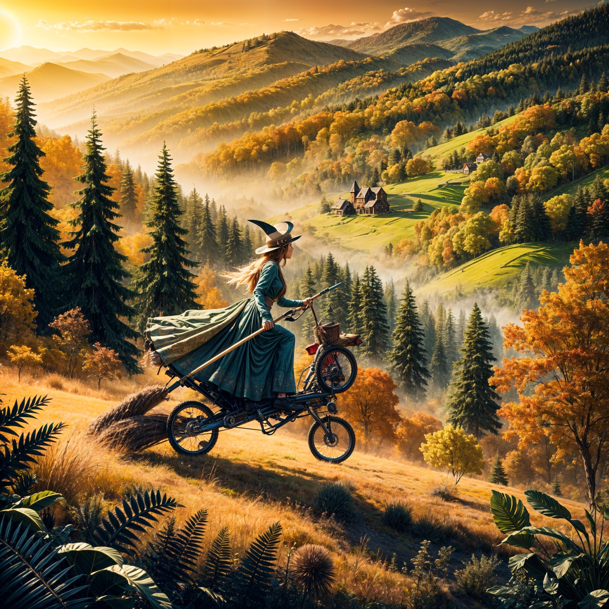 Woman in Green Dress Riding Bicycle in Autumn Landscape