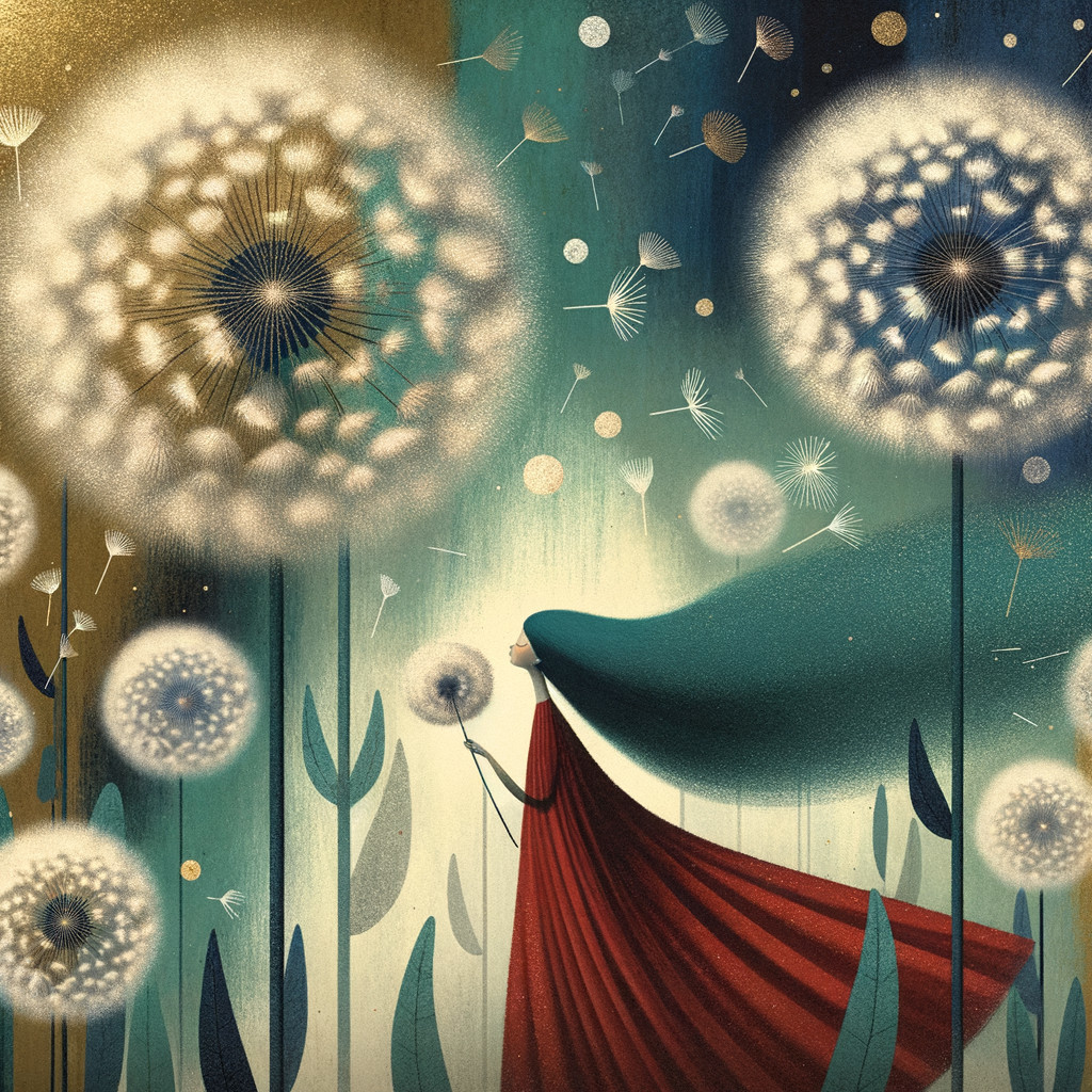 Whimsical Scene of Figure in Red Dress Among Dandelions