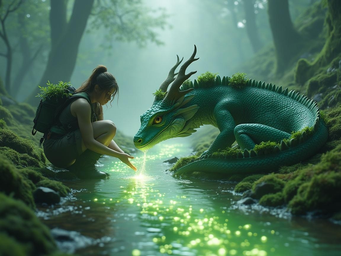 Young girl and dragon in a mystical forest scene
