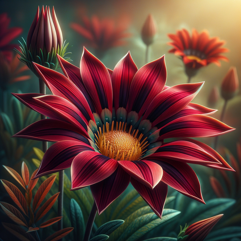 Vibrant Red Flower with Elongated Petals and Green Foliage