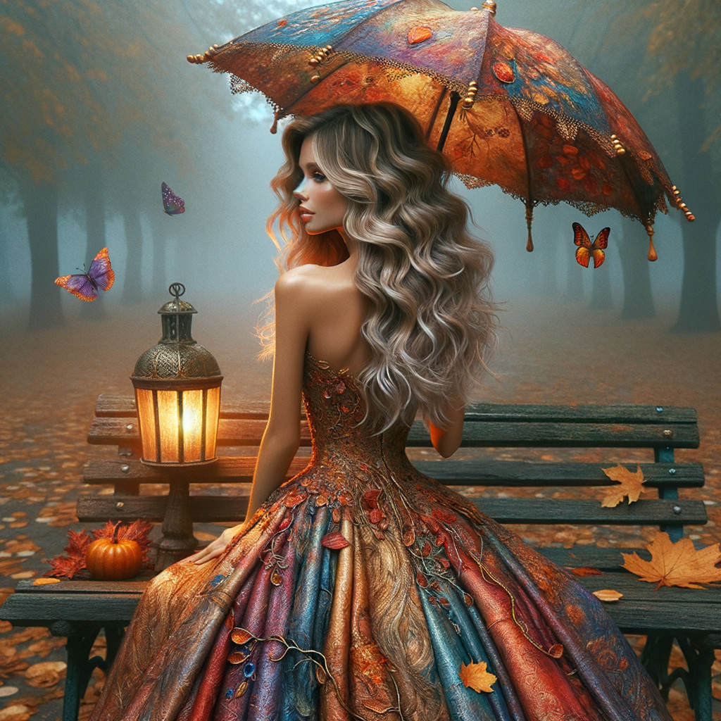 Woman in Vibrant Gown Surrounded by Autumn Leaves