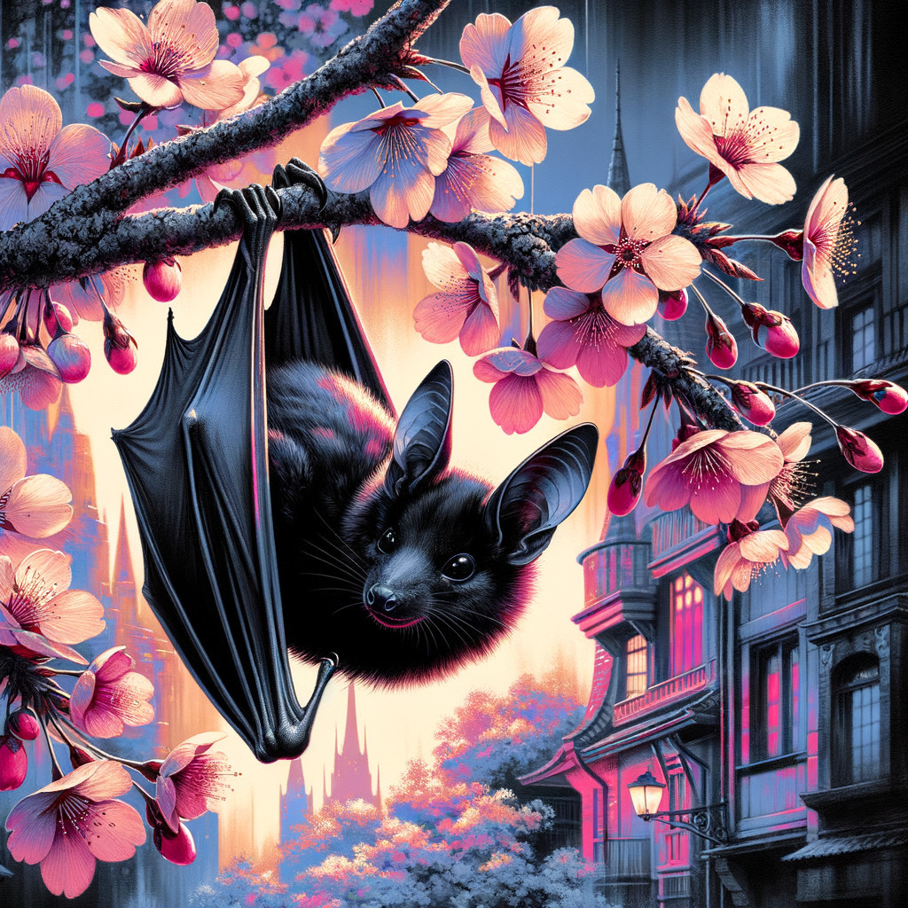 Whimsical Bat Hanging from Flowering Branch in Cityscape
