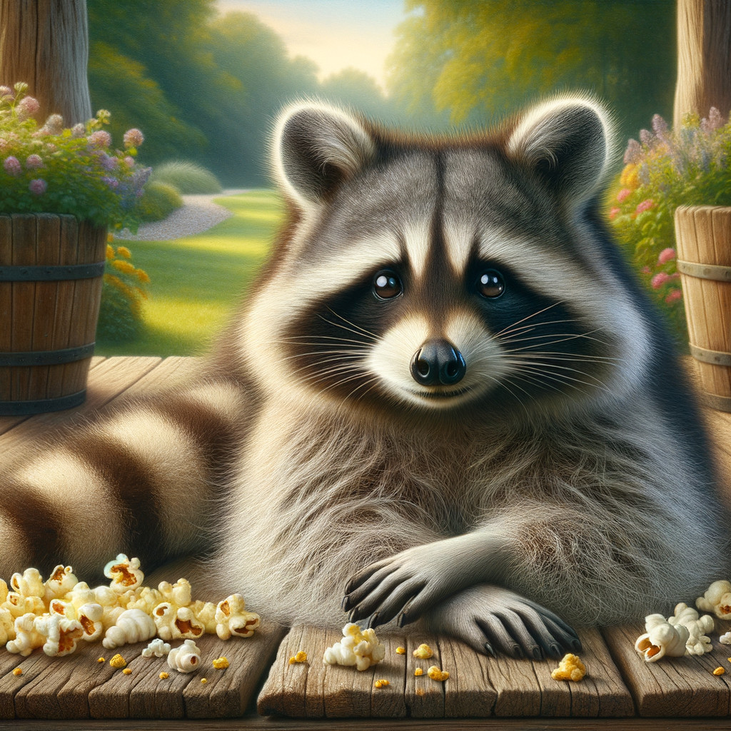 Raccoon on Deck Surrounded by Popcorn and Greenery