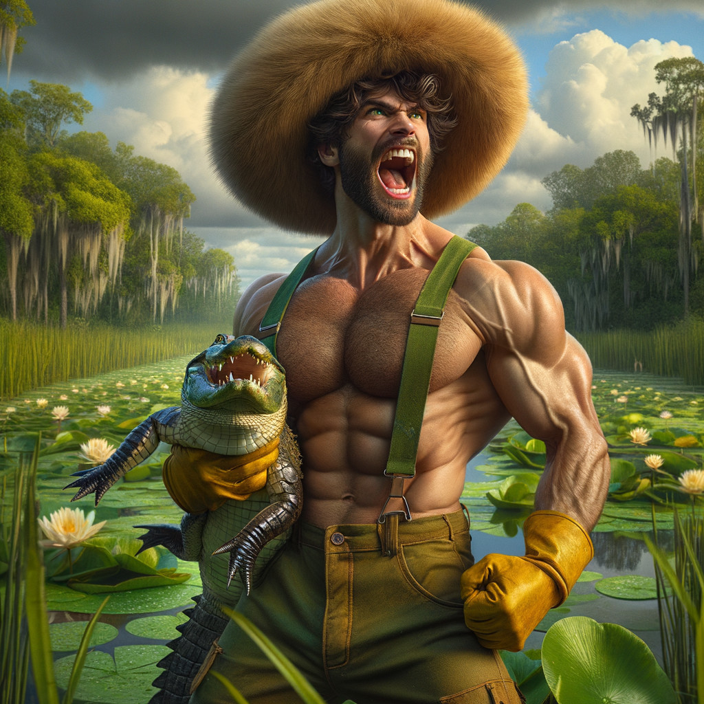 Muscular Man in Swamp with Alligator and Water Lilies