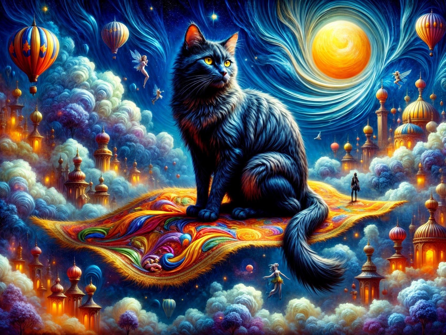 Majestic black cat on ornate carpet in magical landscape