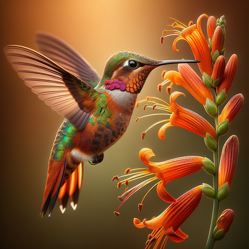 Hummingbird Near Bright Orange Flowers in Soft Light