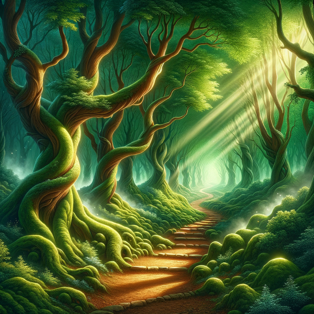 Mystical Forest Path with Lush Trees and Sunlight