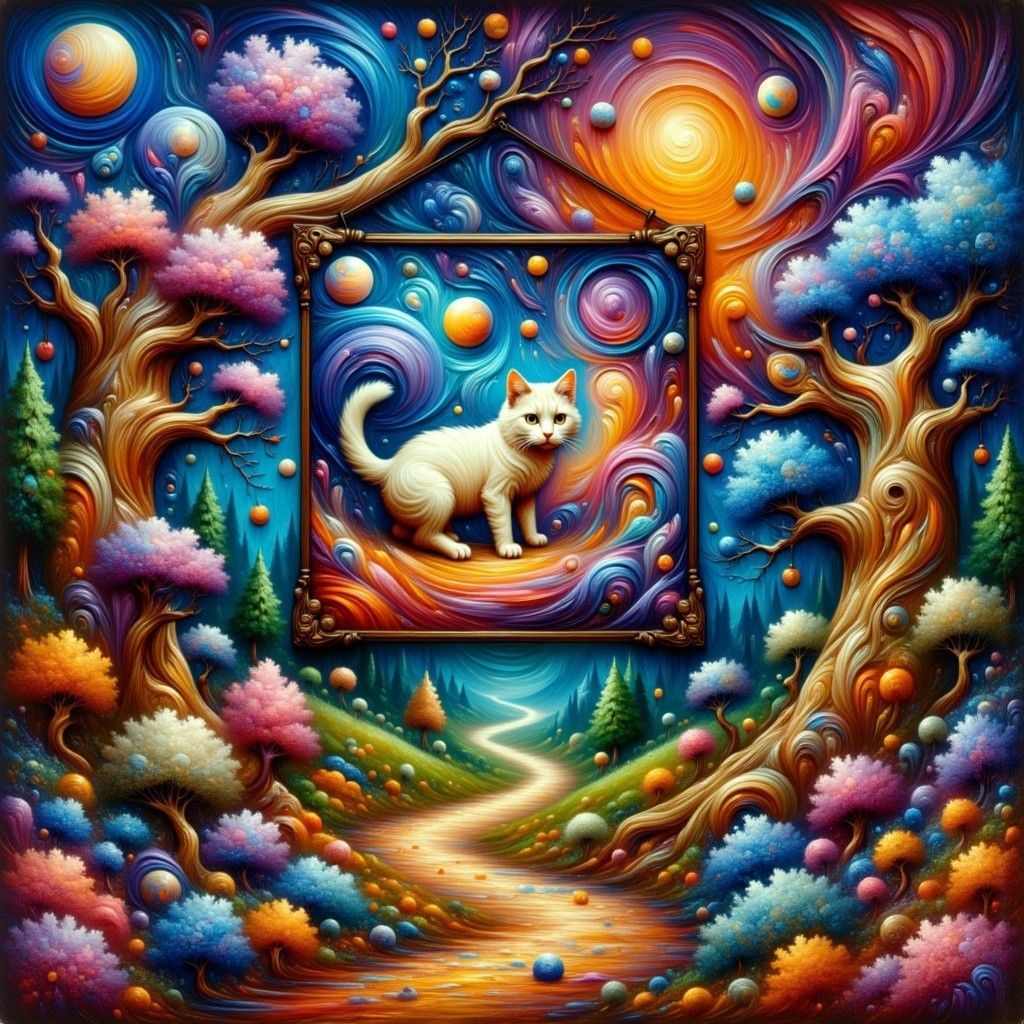 Vibrant Landscape with Cosmic Backdrop and White Cat