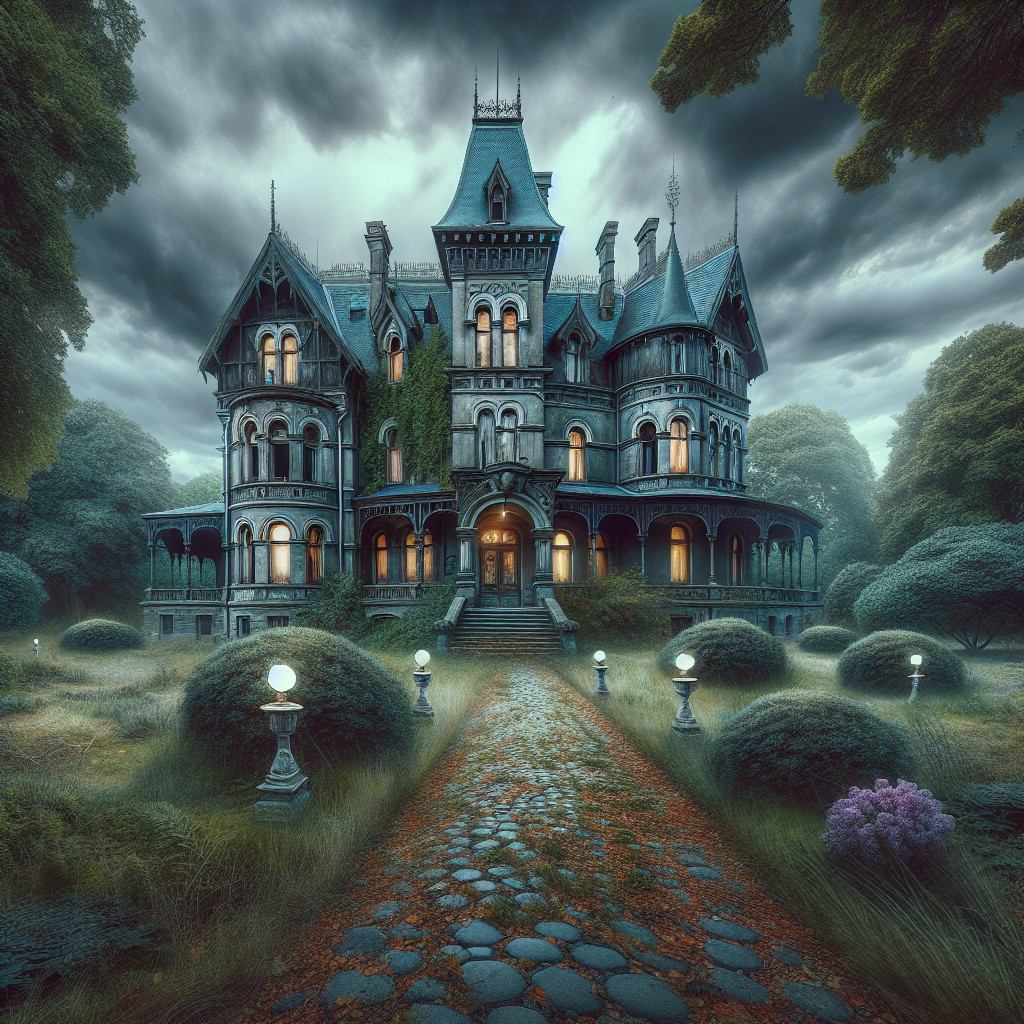 Gothic mansion at night with ornate lamp posts and fog