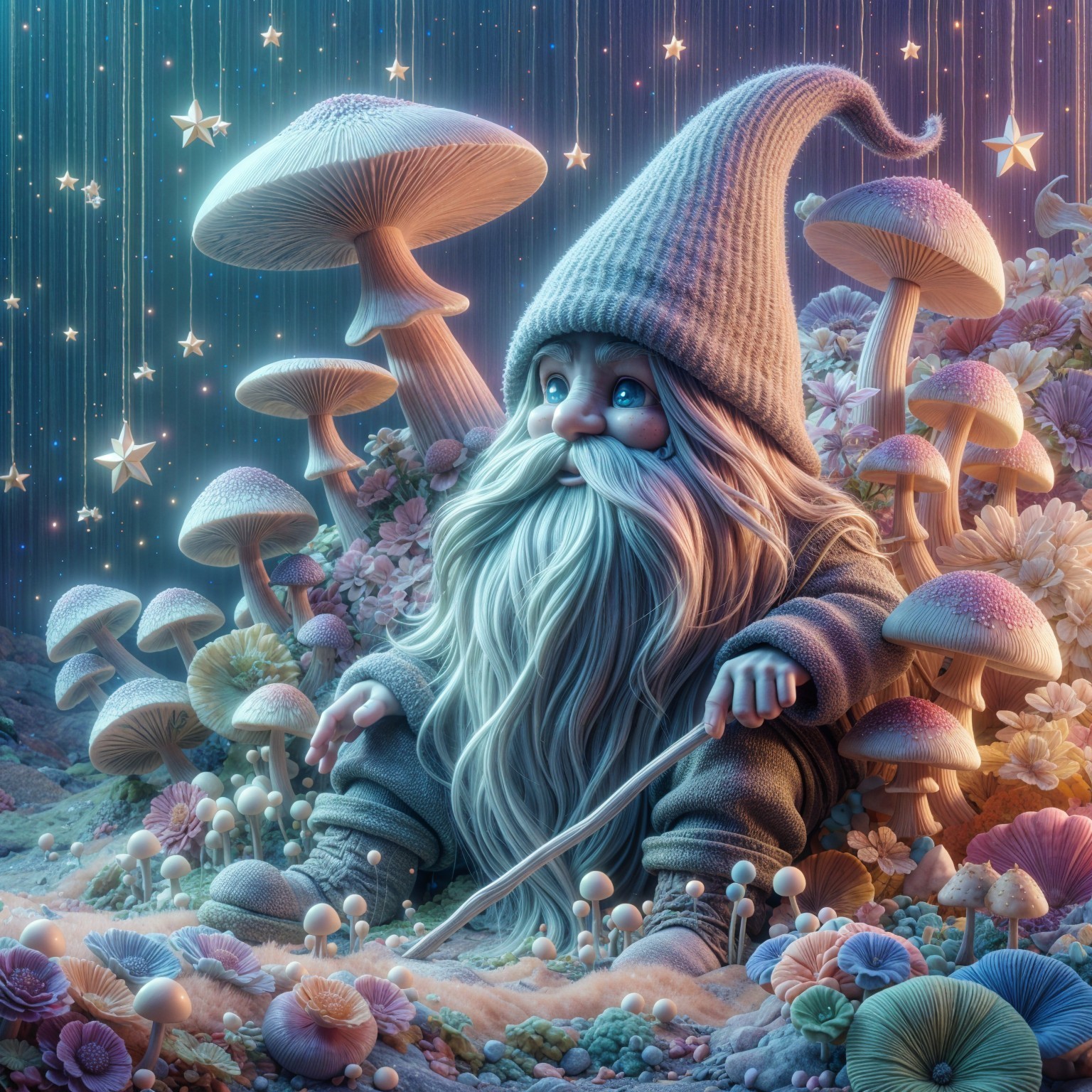 Whimsical Gnome Surrounded by Colorful Mushrooms and Flowers