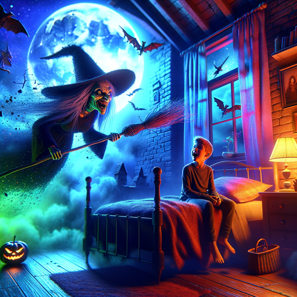 Halloween Bedroom Scene with Witch and Jack-o'-Lantern