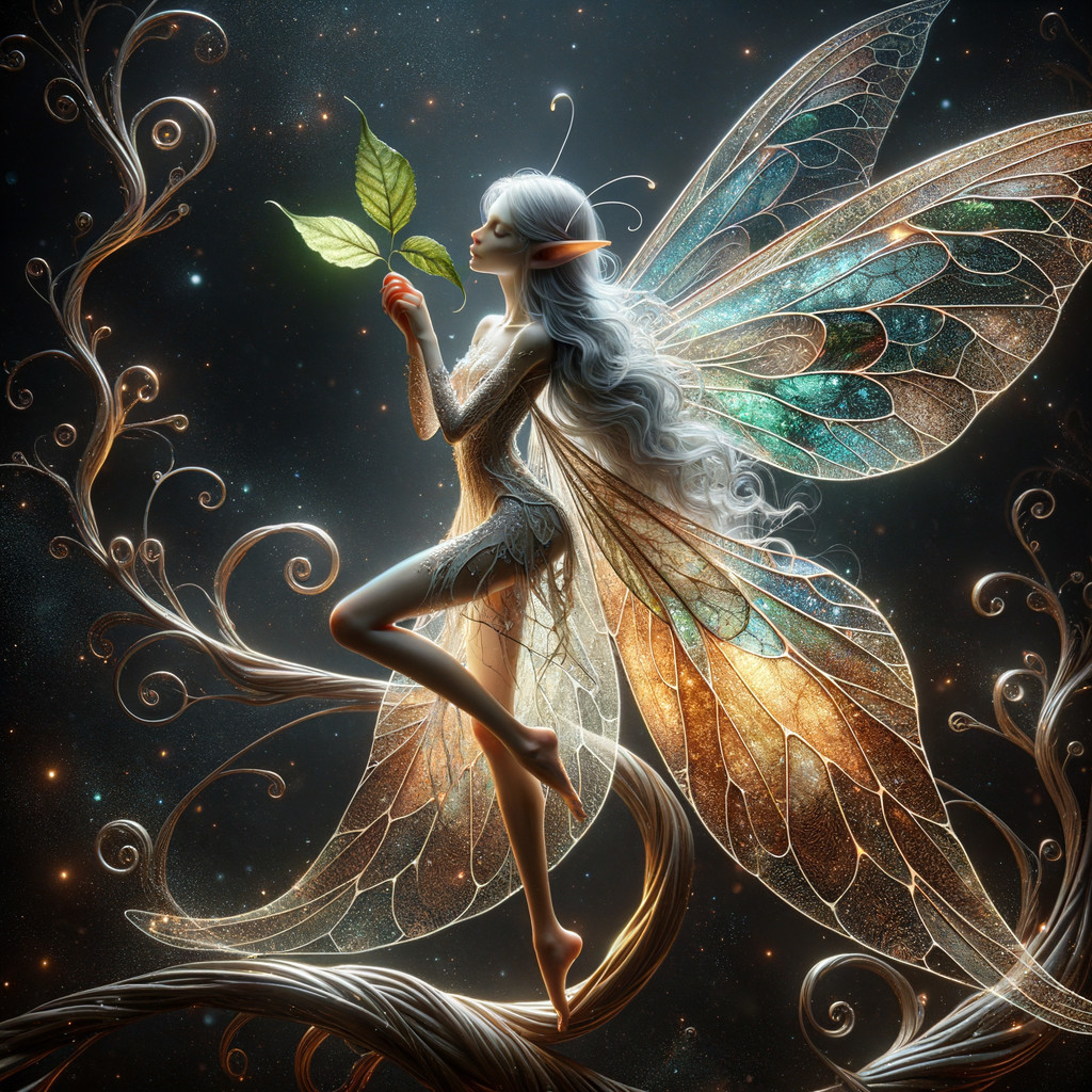 Whimsical Fairy with Shimmering Wings on Branch