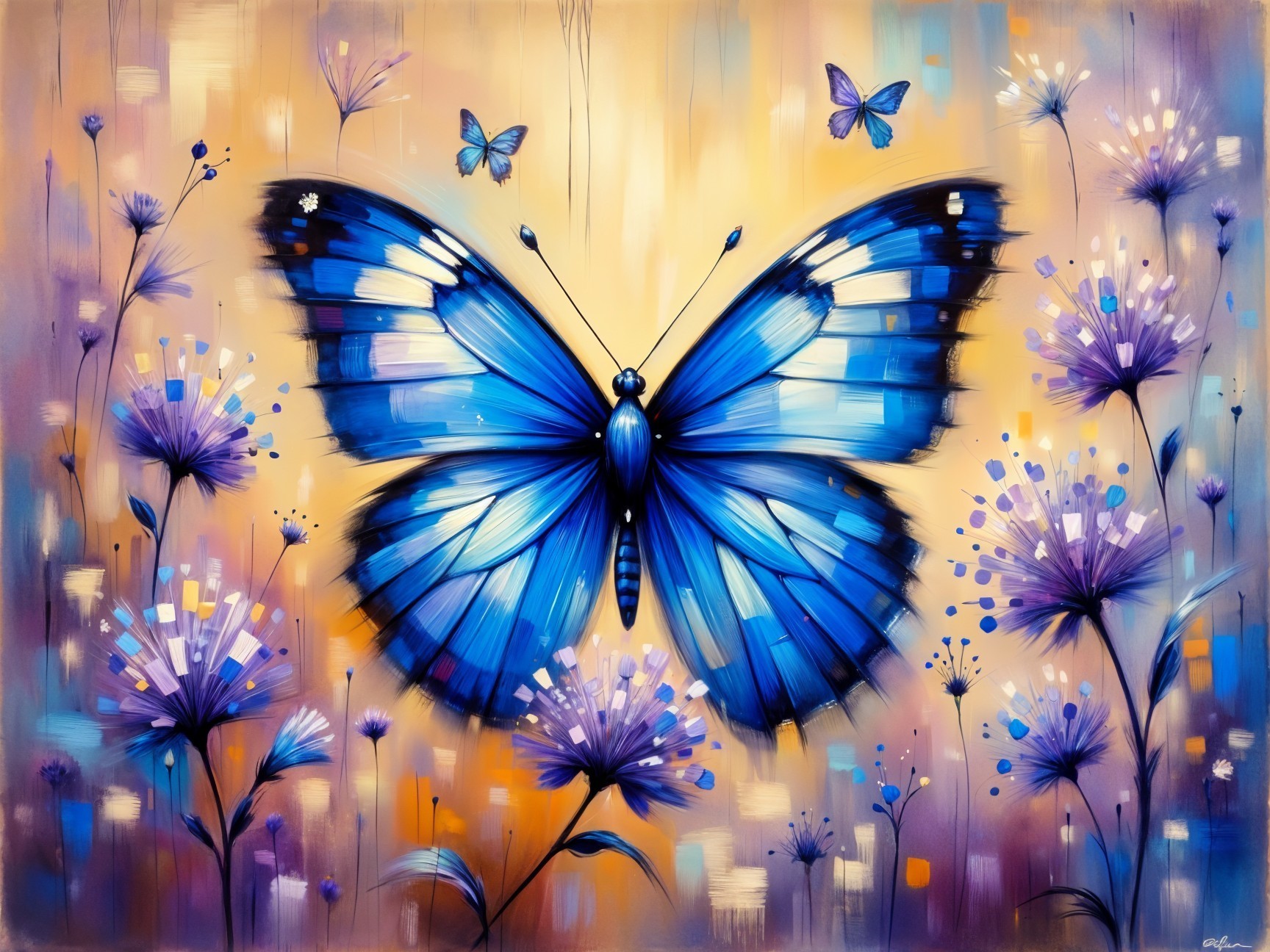 Vibrant Blue Butterfly Among Purple Flowers and Hues