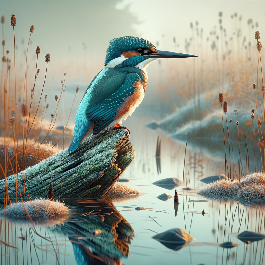 Vibrant Kingfisher on Mossy Log in Misty Marshland