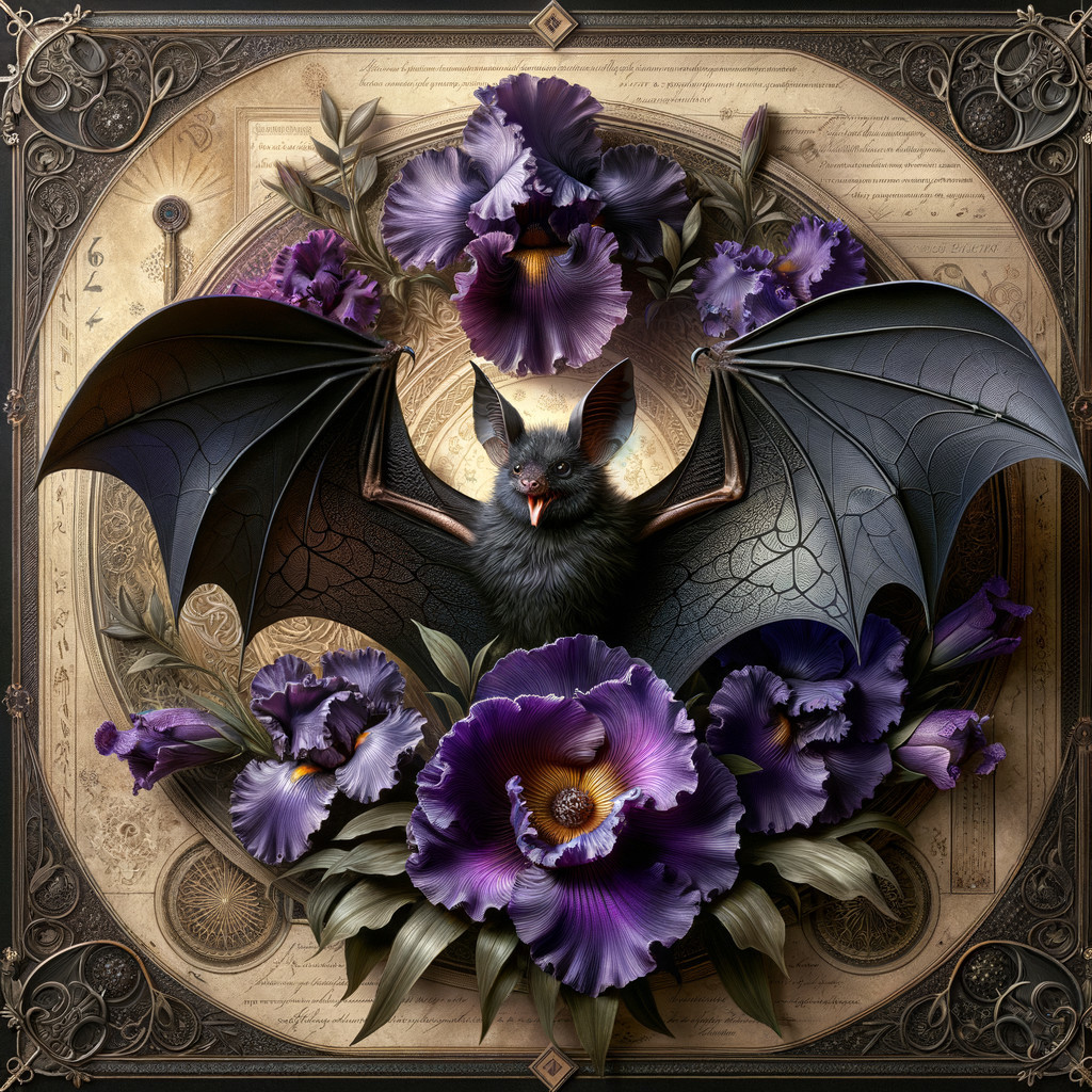 Bat Surrounded by Vibrant Purple Flowers and Patterns