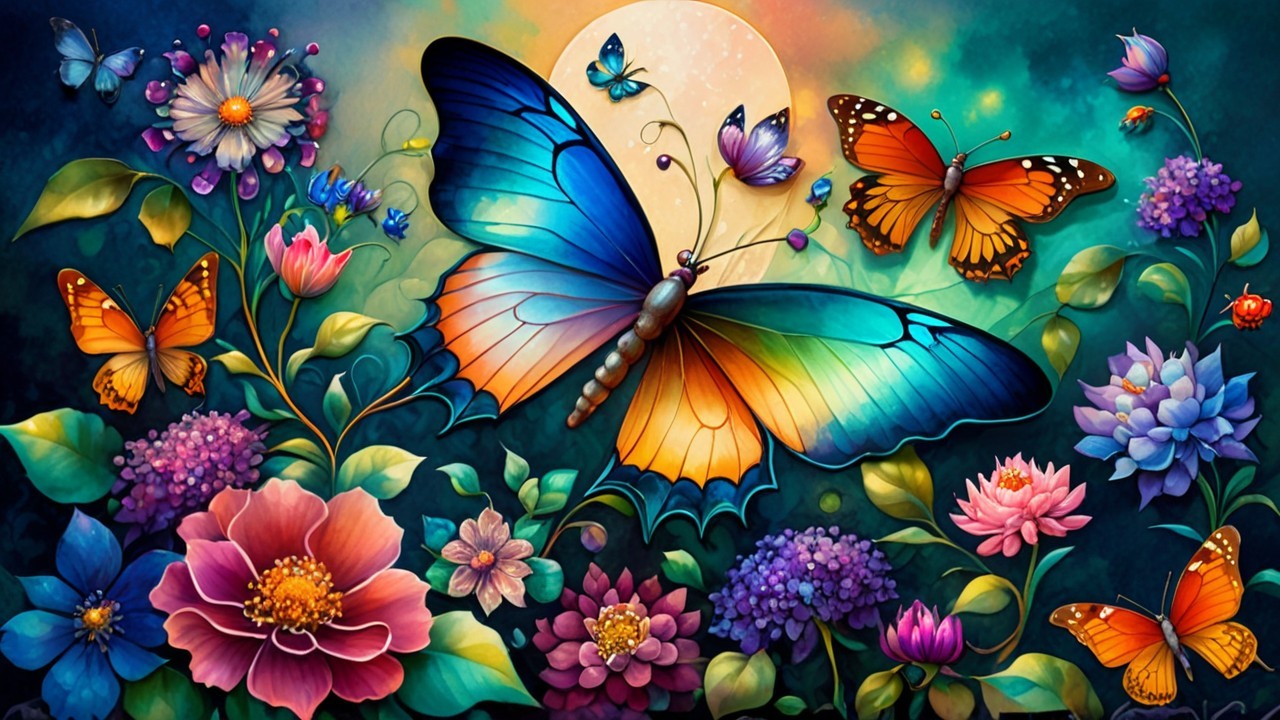 Colorful Butterflies and Blooming Flowers in Garden