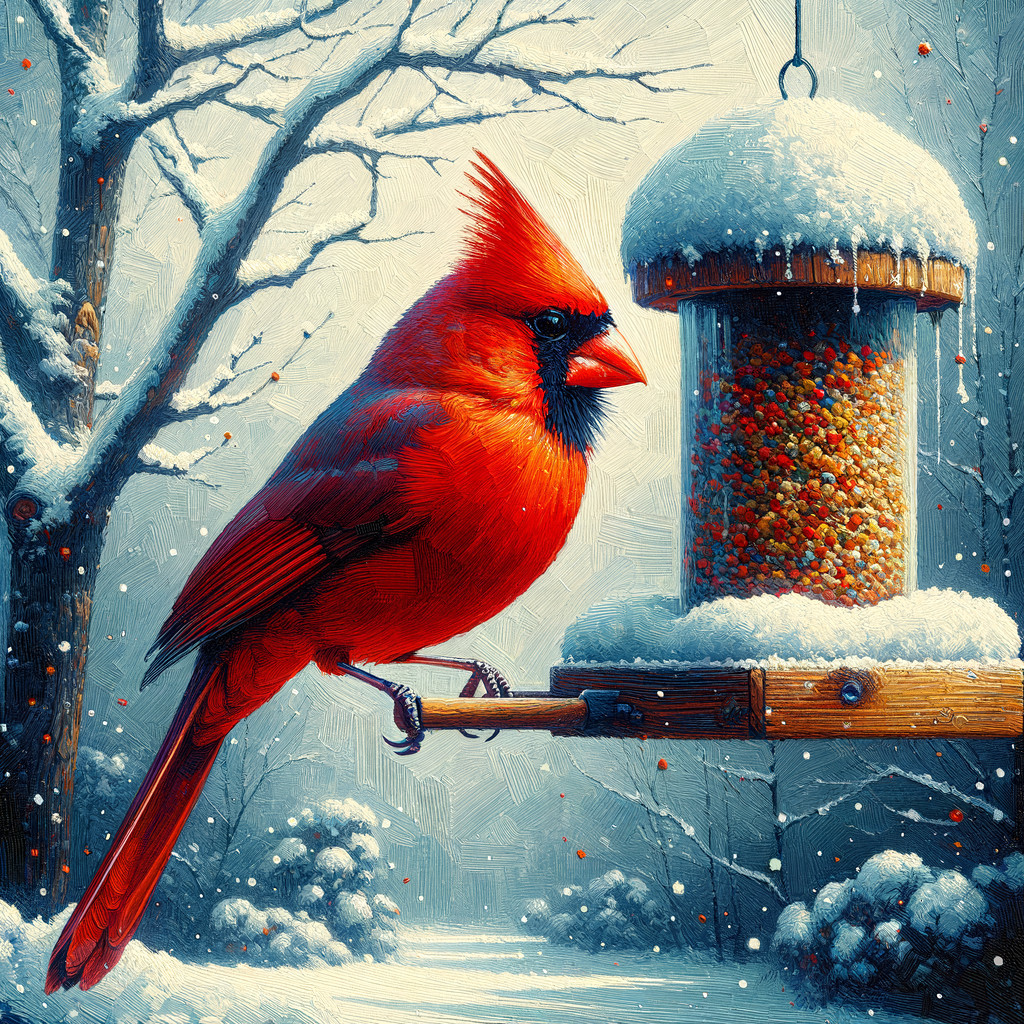 Red Cardinal on Feeder in Winter Landscape