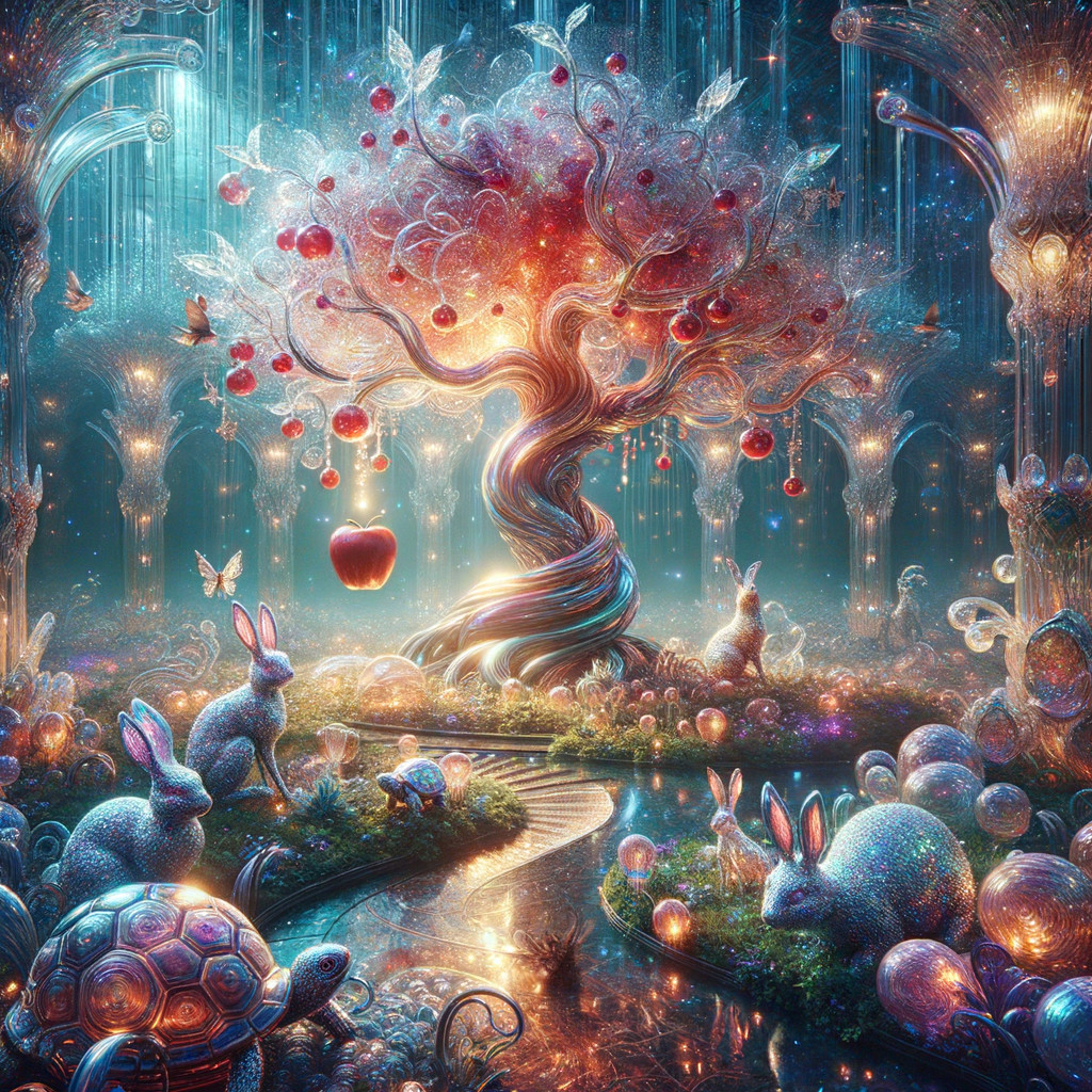 Ethereal landscape with glowing tree and enchanting creatures
