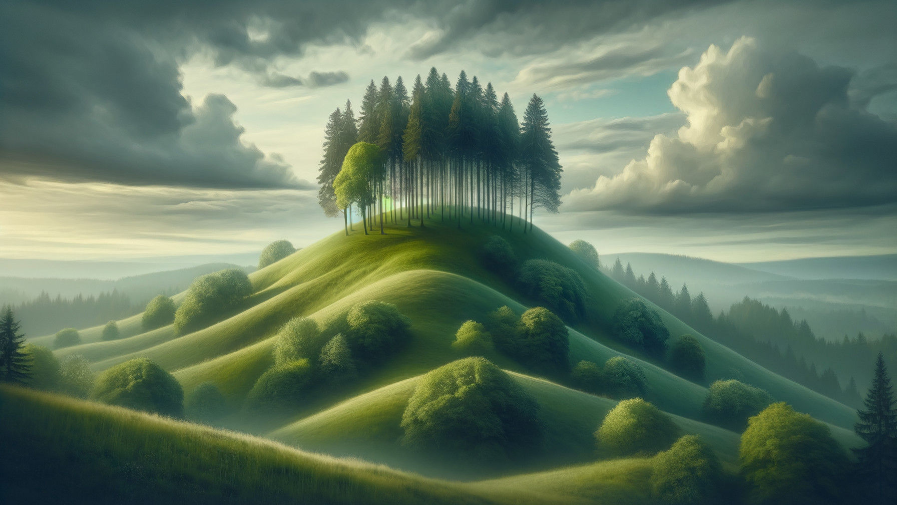 Lush Landscape with Gentle Hill and Tall Green Trees