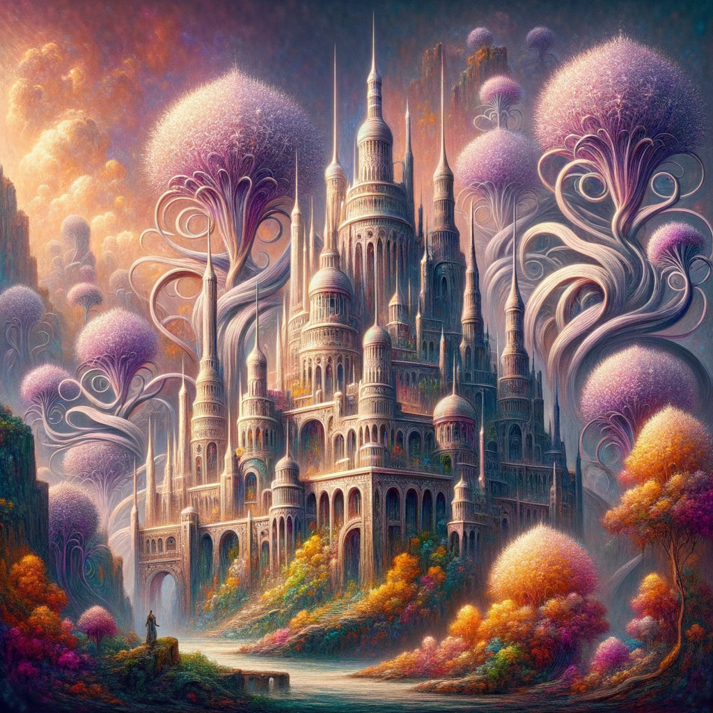 Fantasy castle in a vibrant surreal landscape