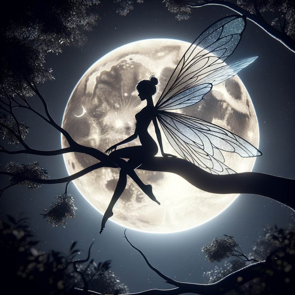 Whimsical Fairy Silhouetted Against Full Moon