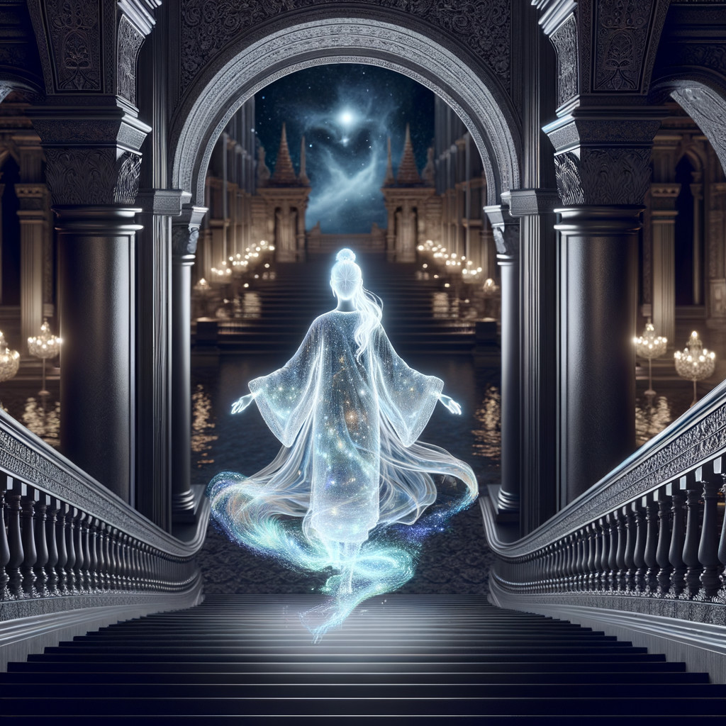 Luminous Figure at Grand Staircase in Opulent Palace