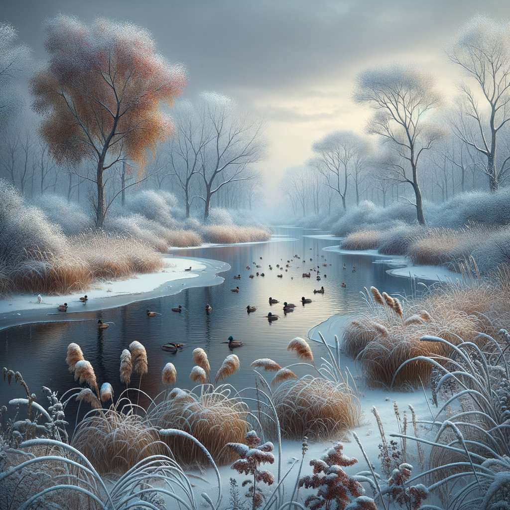 Serene Winter Landscape with Calm River and Ducks
