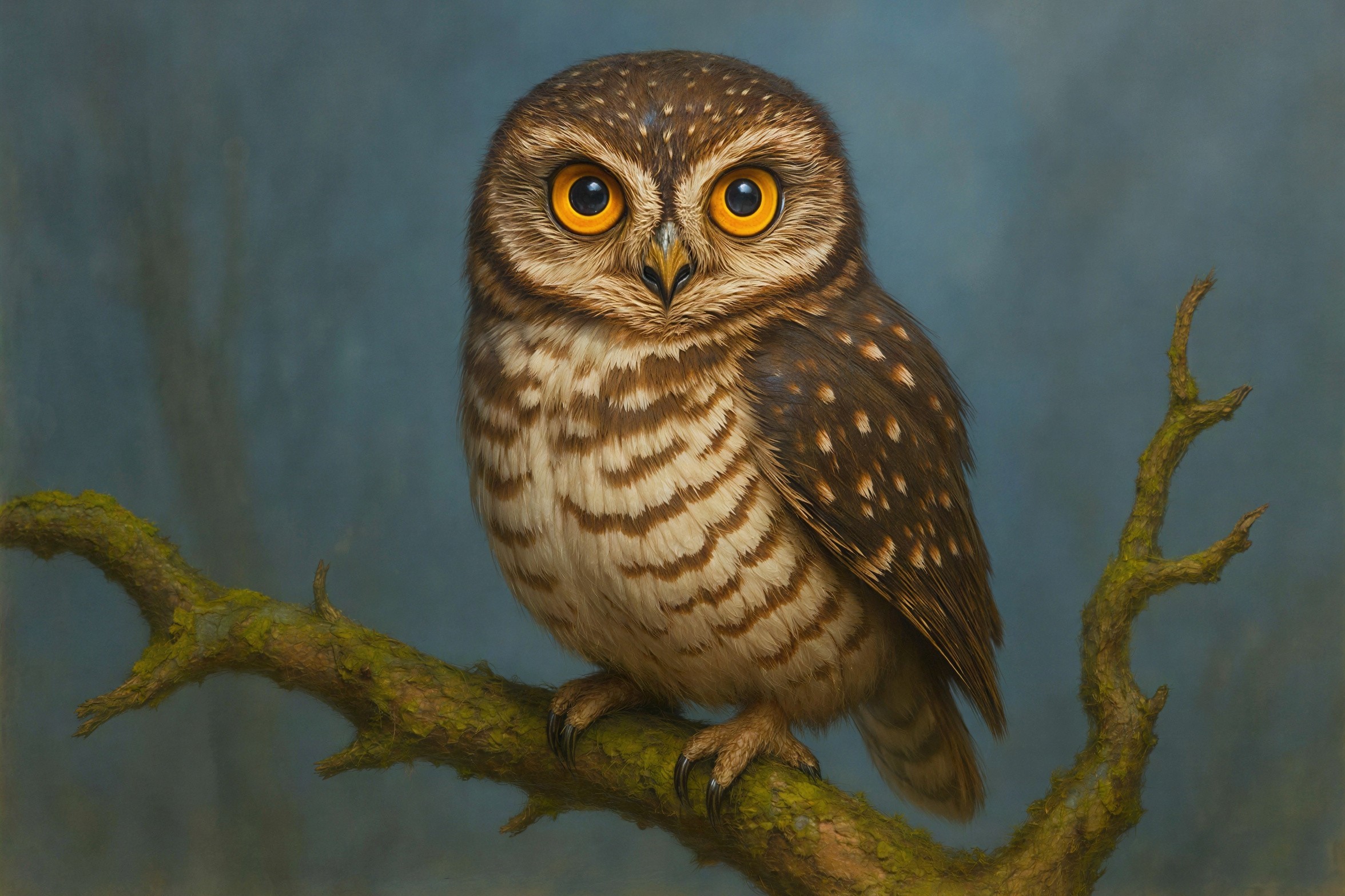Close-up of a brown and white owl on a branch