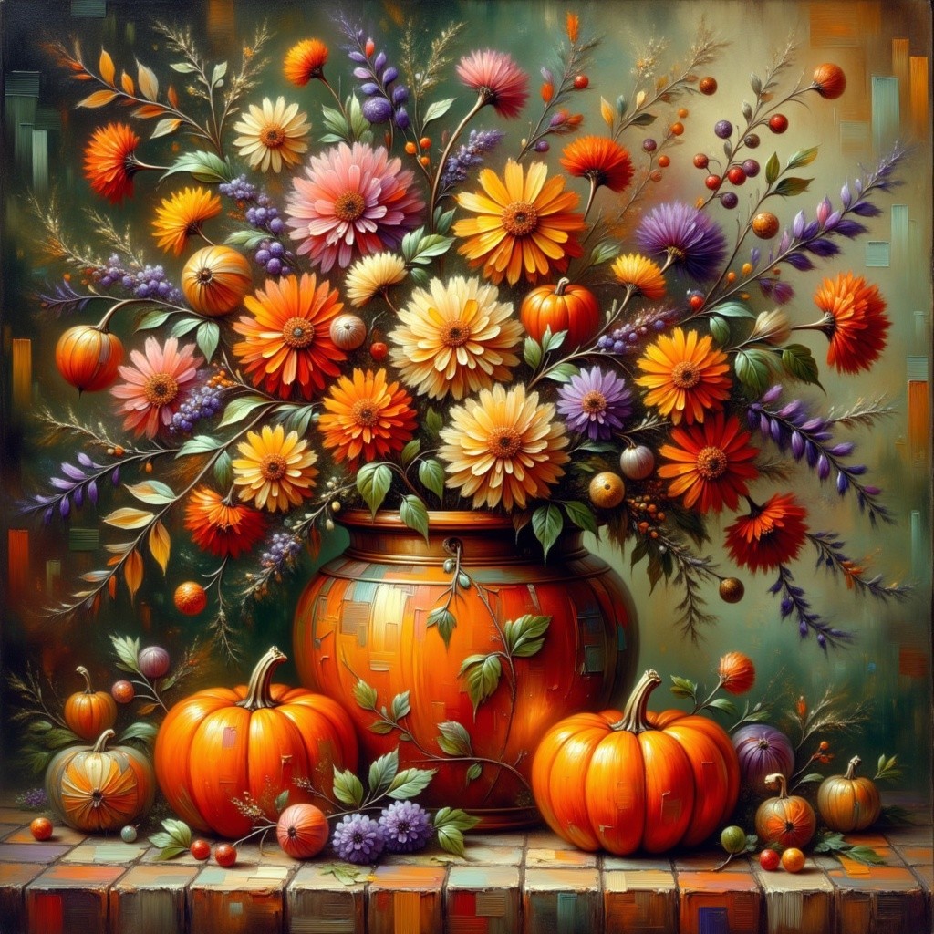 Vibrant Autumn Flower Arrangement with Pumpkins