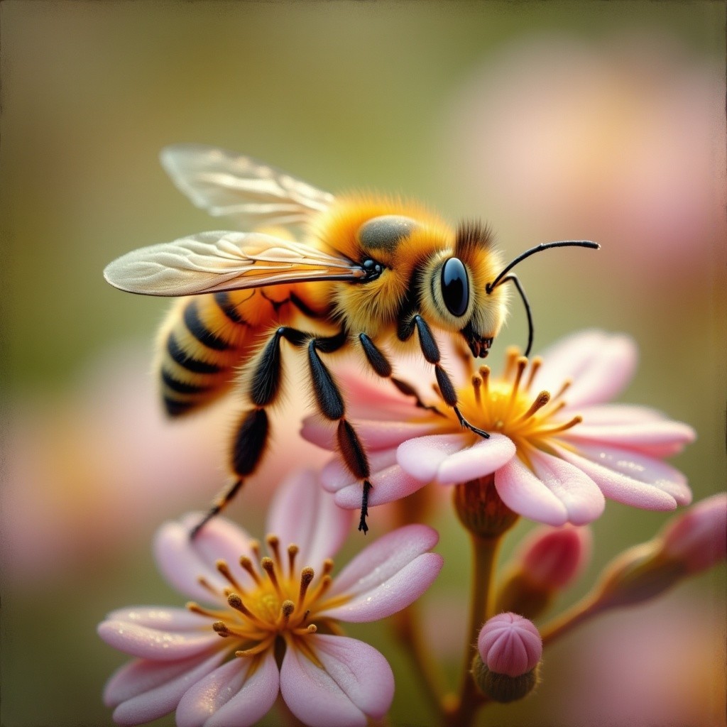 Close-Up of Bee on Pink Flowers in Nature
