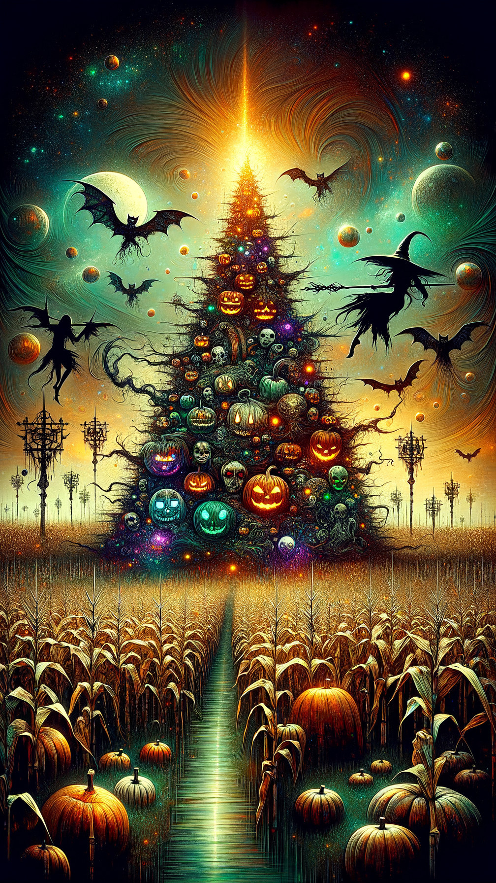 Surreal Halloween Scene with Glowing Pumpkins and Bats